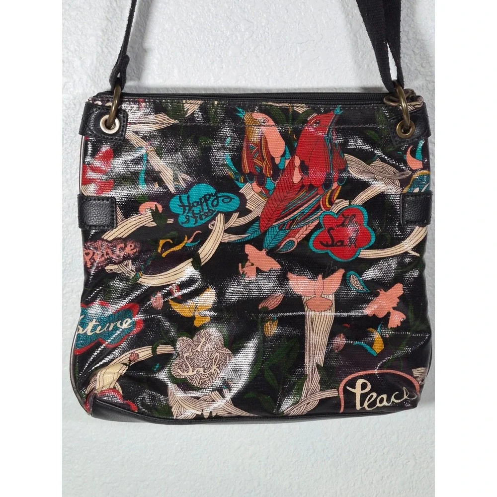 Sakroots Artist Circle Crossbody Bag Black Peace Nature Bird Print Coated Canvas